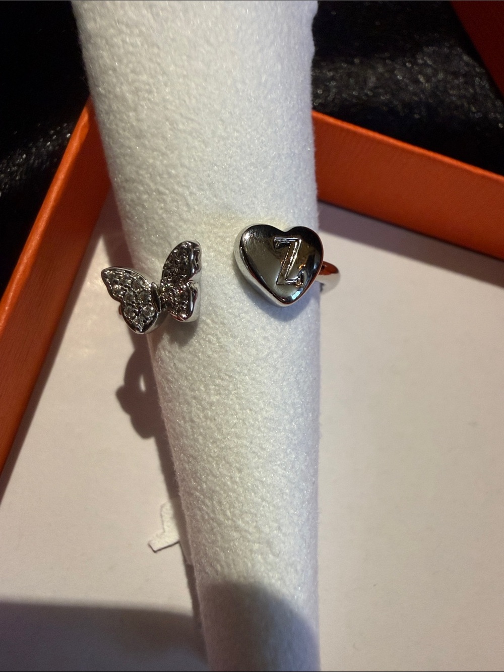 Silver Butterfly & Heart Initial Z Adjustable Ring